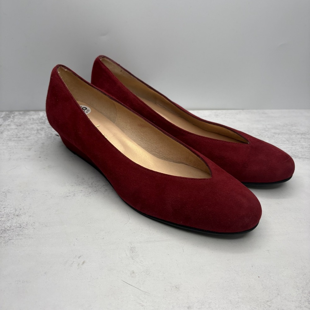 FSNY French Sole New York Wedge Pumps 9.5 Burgundy Suede Slip On Classic Holiday